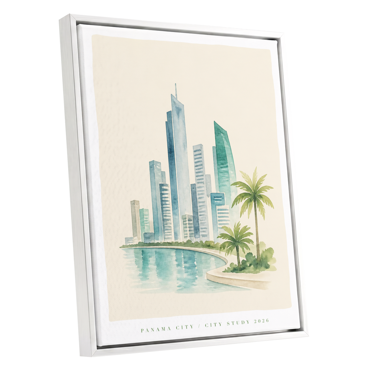 Lagoon Skyline, blue, green, beige minimalist wall art shown as a white framed canvas wall art