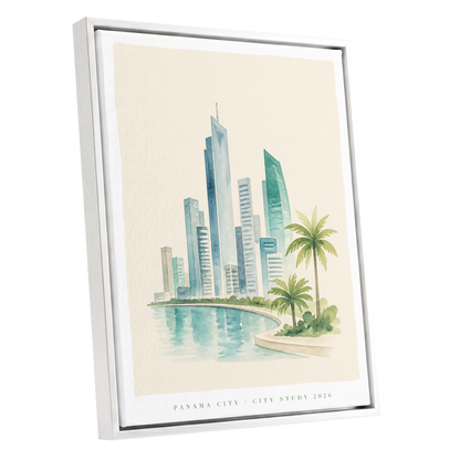 Lagoon Skyline, blue, green, beige minimalist wall art shown as a white framed canvas wall art