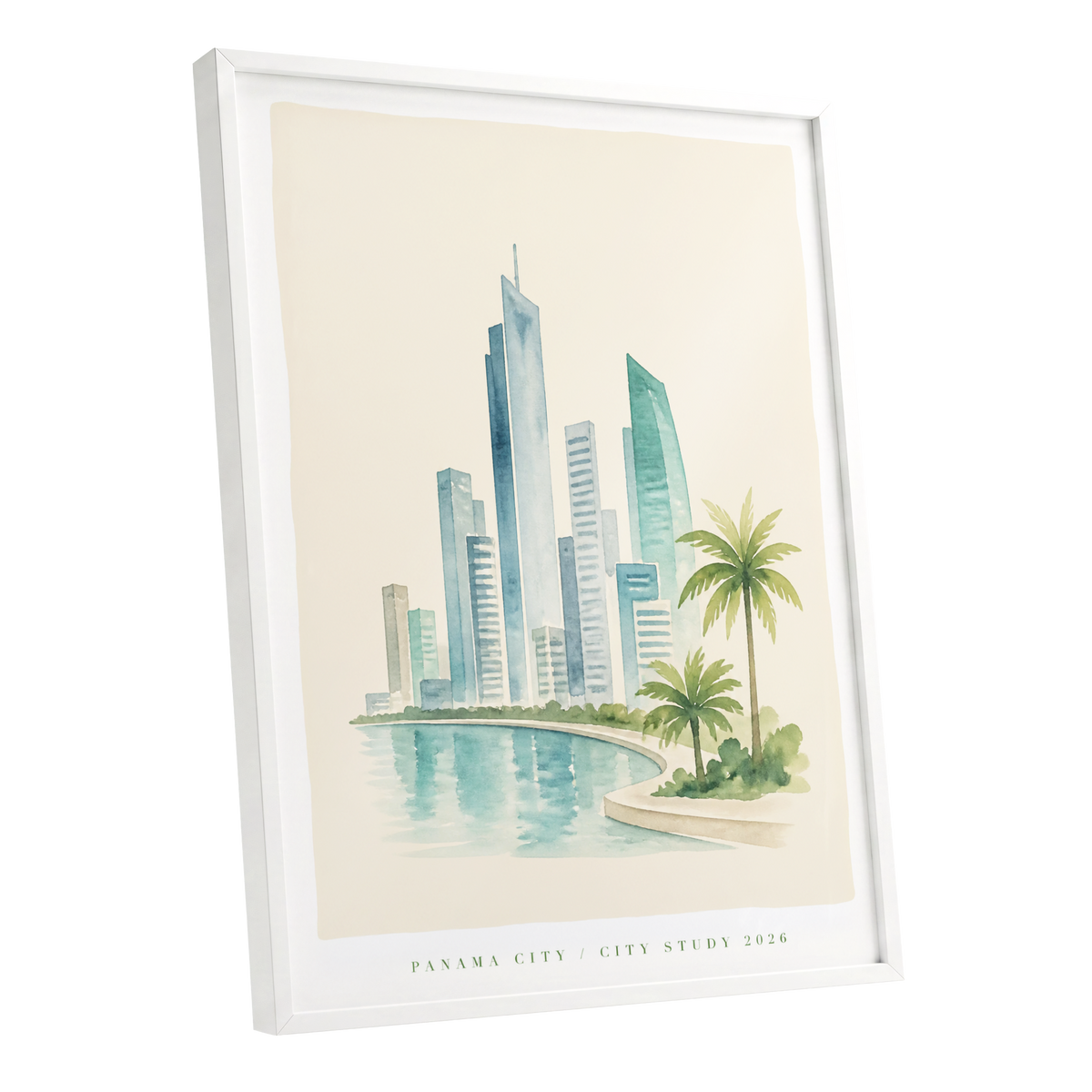 Lagoon Skyline, blue, green, beige minimalist wall art shown as a white framed poster wall art print