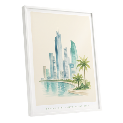Lagoon Skyline, blue, green, beige minimalist wall art shown as a white framed poster wall art print