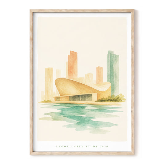 Lagos Modernist Shore, green, beige, orange minimalist wall art, front artwork view