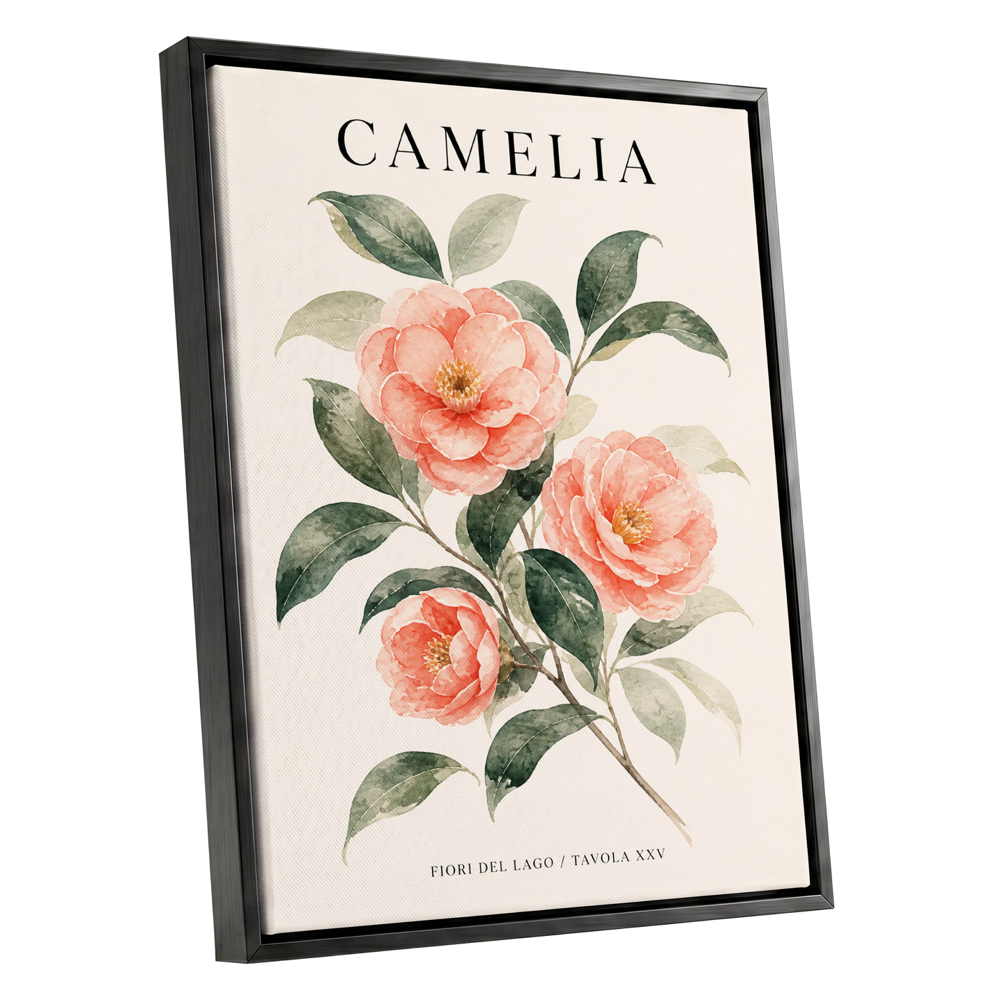 Lake Camellia Study, pink, green, beige floral wall art shown as a black framed canvas wall art