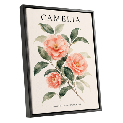 Lake Camellia Study, pink, green, beige floral wall art shown as a black framed canvas wall art