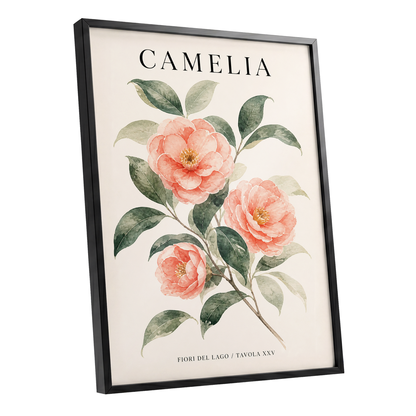 Lake Camellia Study, pink, green, beige floral wall art shown as a black framed poster wall art print