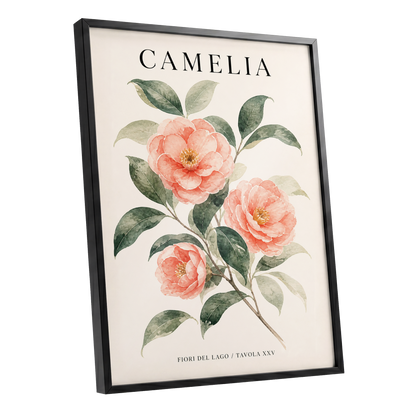 Lake Camellia Study, pink, green, beige floral wall art shown as a black framed poster wall art print