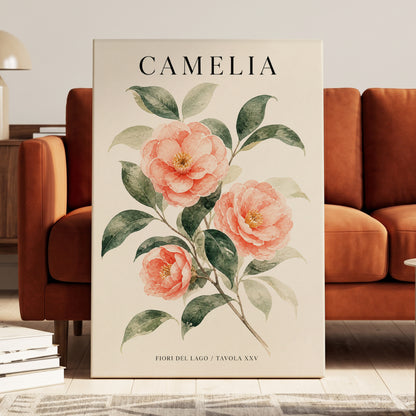 Lake Camellia Study, pink, green, beige floral wall art on canvas displayed in a styled interior, gallery view 1