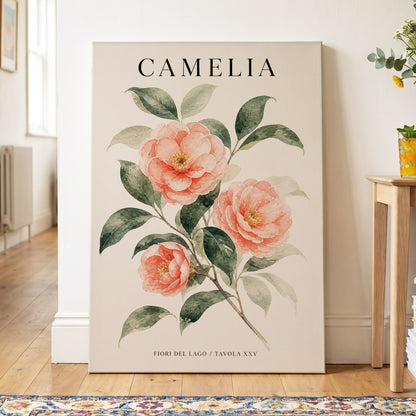 Lake Camellia Study, pink, green, beige floral wall art on canvas displayed in a styled interior, gallery view 2