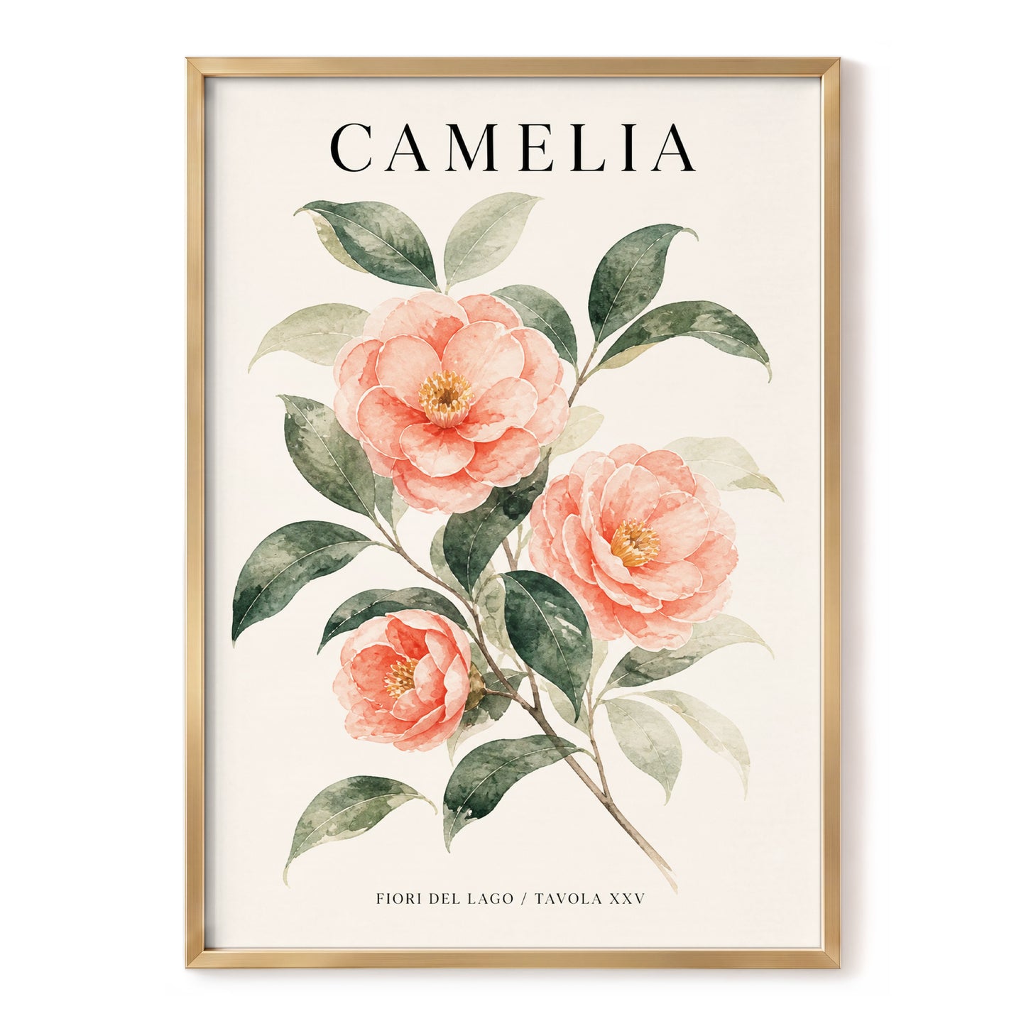Lake Camellia Study, pink, green, beige floral wall art, front artwork view