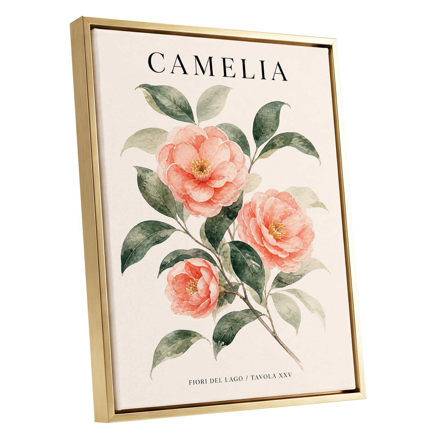 Lake Camellia Study, pink, green, beige floral wall art shown as a gold framed canvas wall art