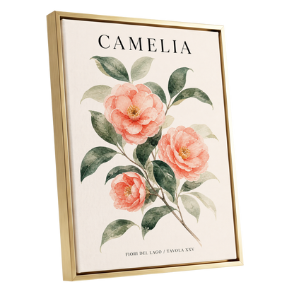 Lake Camellia Study, pink, green, beige floral wall art shown as a gold framed canvas wall art