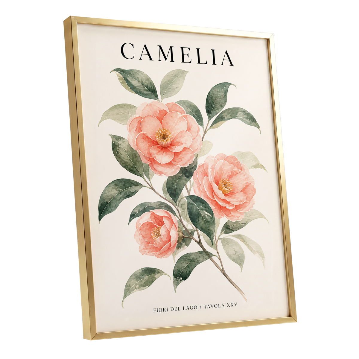 Lake Camellia Study, pink, green, beige floral wall art shown as a gold framed poster wall art print