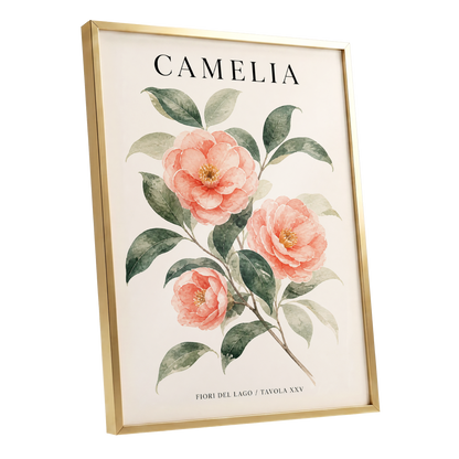 Lake Camellia Study, pink, green, beige floral wall art shown as a gold framed poster wall art print