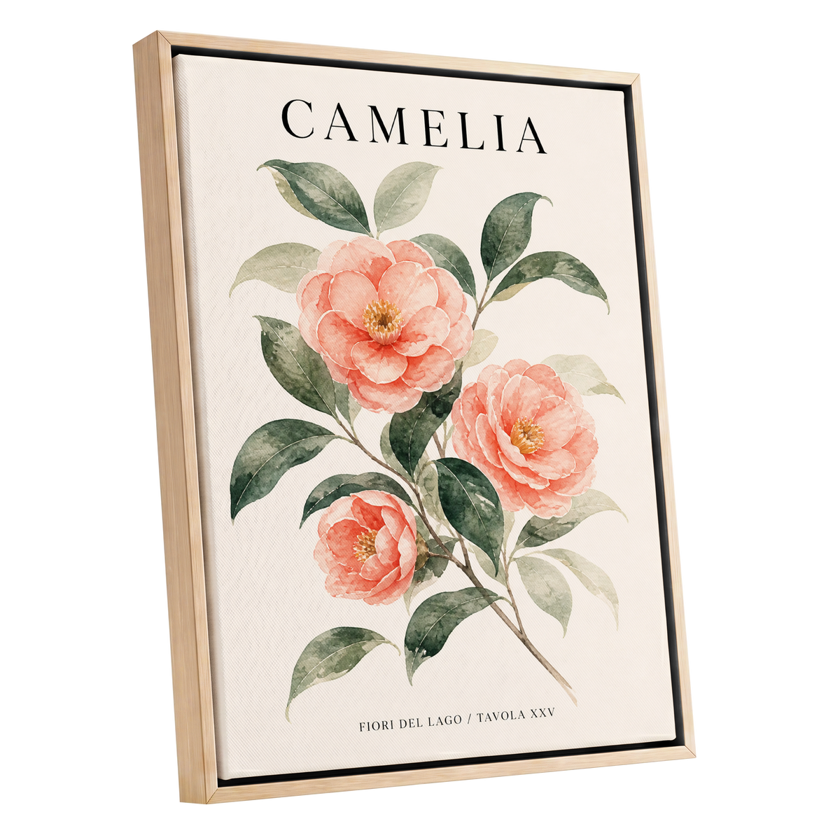 Lake Camellia Study, pink, green, beige floral wall art shown as a oak framed canvas wall art