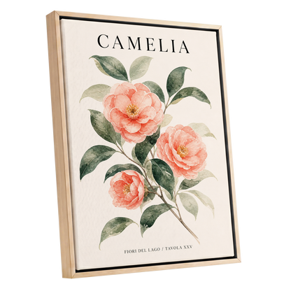Lake Camellia Study, pink, green, beige floral wall art shown as a oak framed canvas wall art