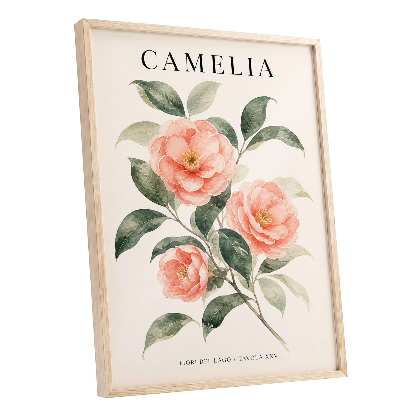 Lake Camellia Study, pink, green, beige floral wall art shown as a oak framed poster wall art print