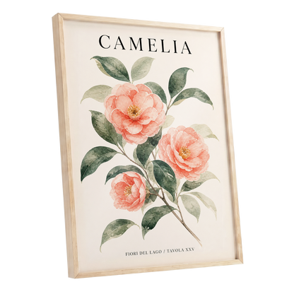 Lake Camellia Study, pink, green, beige floral wall art shown as a oak framed poster wall art print