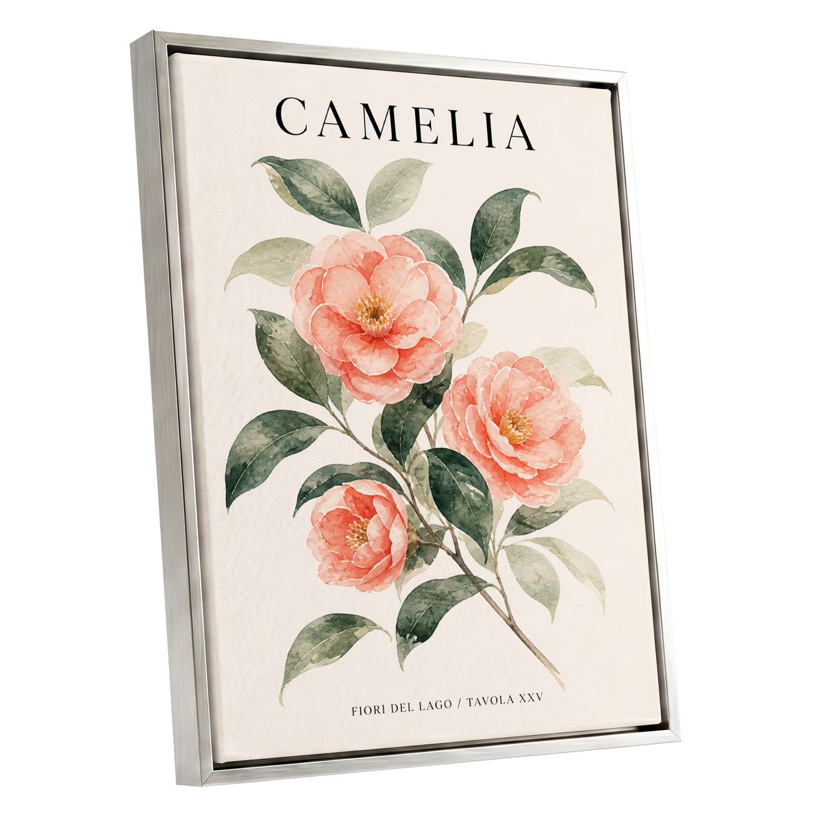 Lake Camellia Study, pink, green, beige floral wall art shown as a silver framed canvas wall art