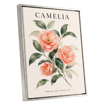 Lake Camellia Study, pink, green, beige floral wall art shown as a silver framed canvas wall art