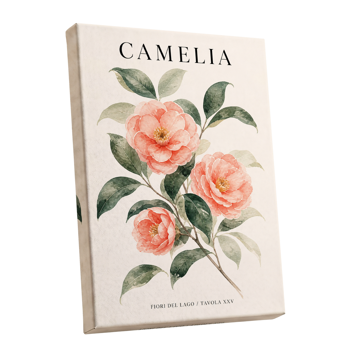 Lake Camellia Study, pink, green, beige floral wall art shown as a stretched canvas wall art