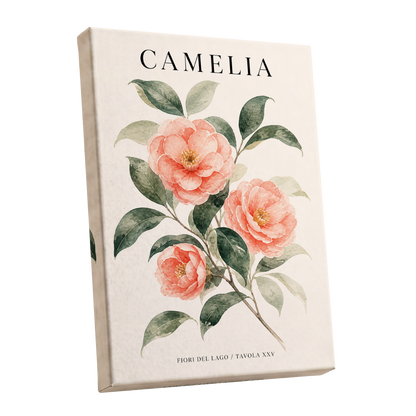 Lake Camellia Study, pink, green, beige floral wall art shown as a stretched canvas wall art