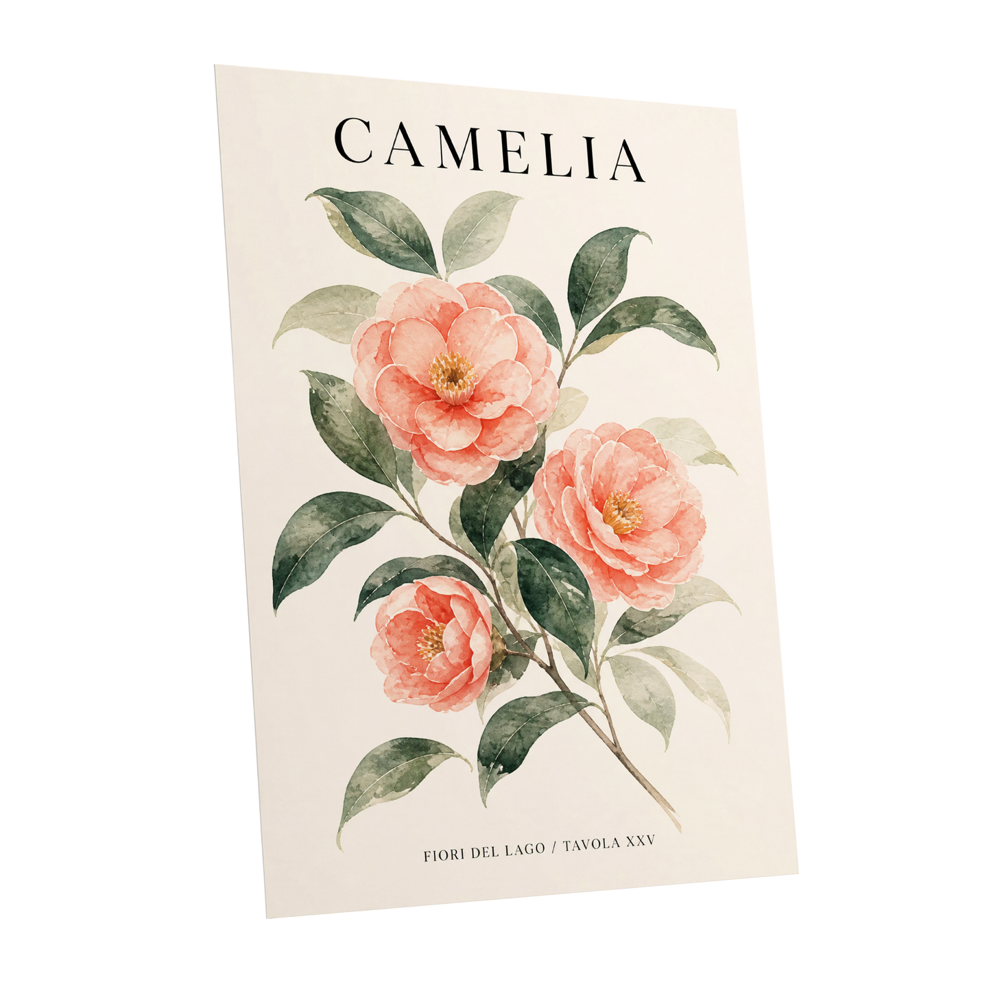 Lake Camellia Study, pink, green, beige floral wall art shown as a unframed poster wall art print