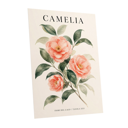 Lake Camellia Study, pink, green, beige floral wall art shown as a unframed poster wall art print