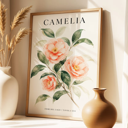 Lake Camellia Study, pink, green, beige floral wall art displayed in a styled interior, gallery view 1