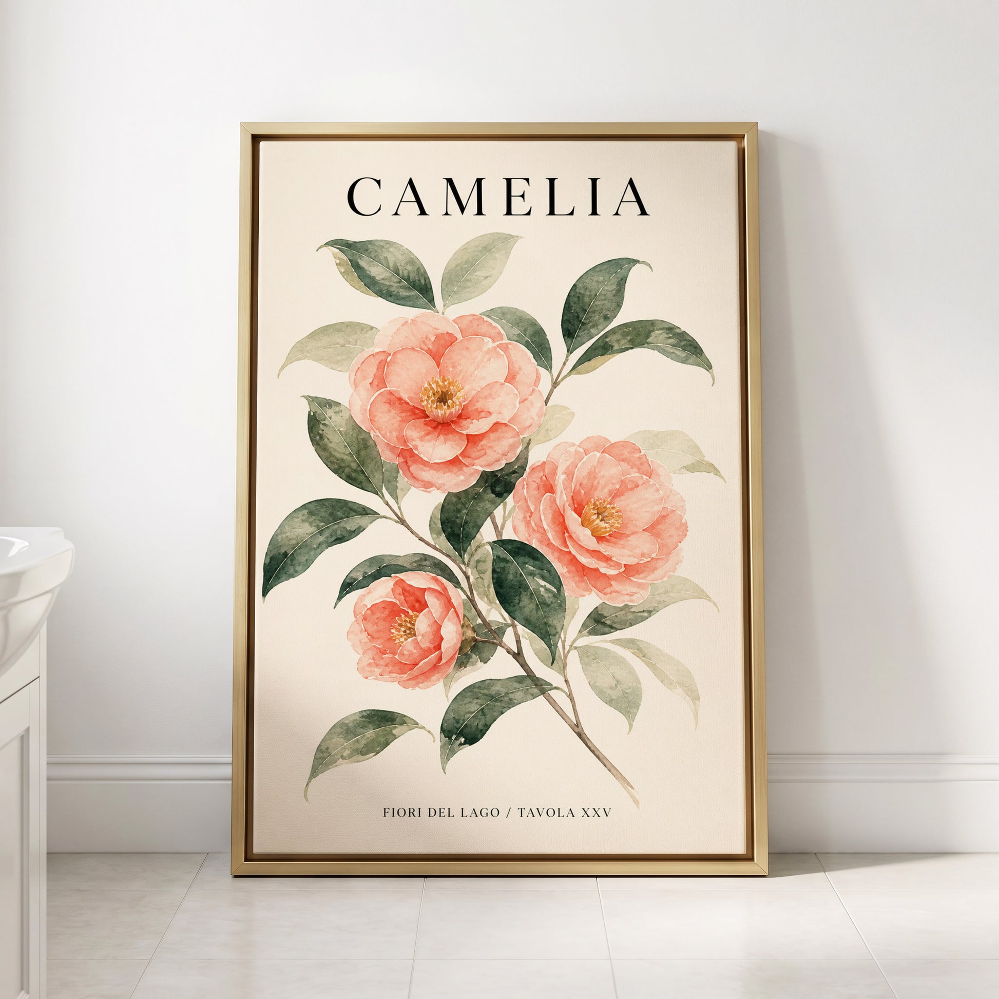 Lake Camellia Study, pink, green, beige floral wall art displayed in a styled interior, gallery view 2