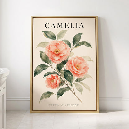 Lake Camellia Study, pink, green, beige floral wall art displayed in a styled interior, gallery view 2