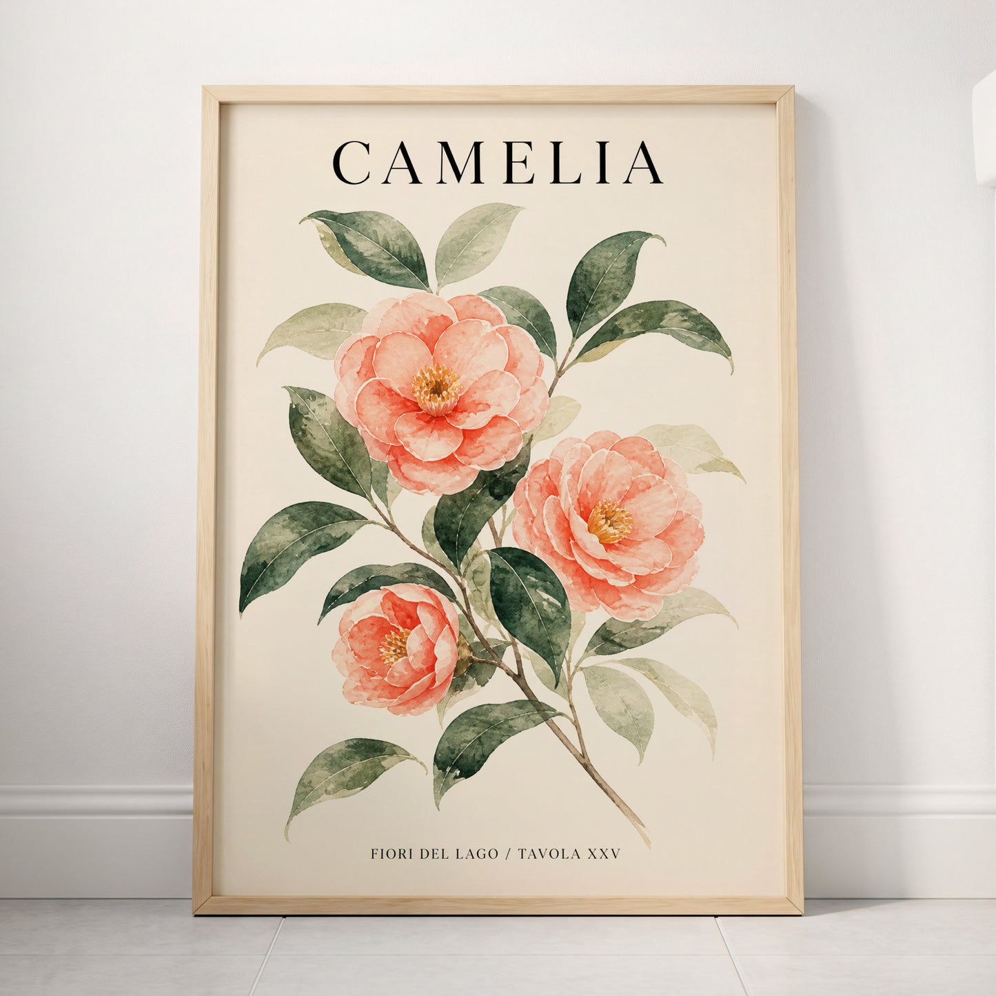 Lake Camellia Study, pink, green, beige floral wall art displayed in a styled interior, gallery view 3