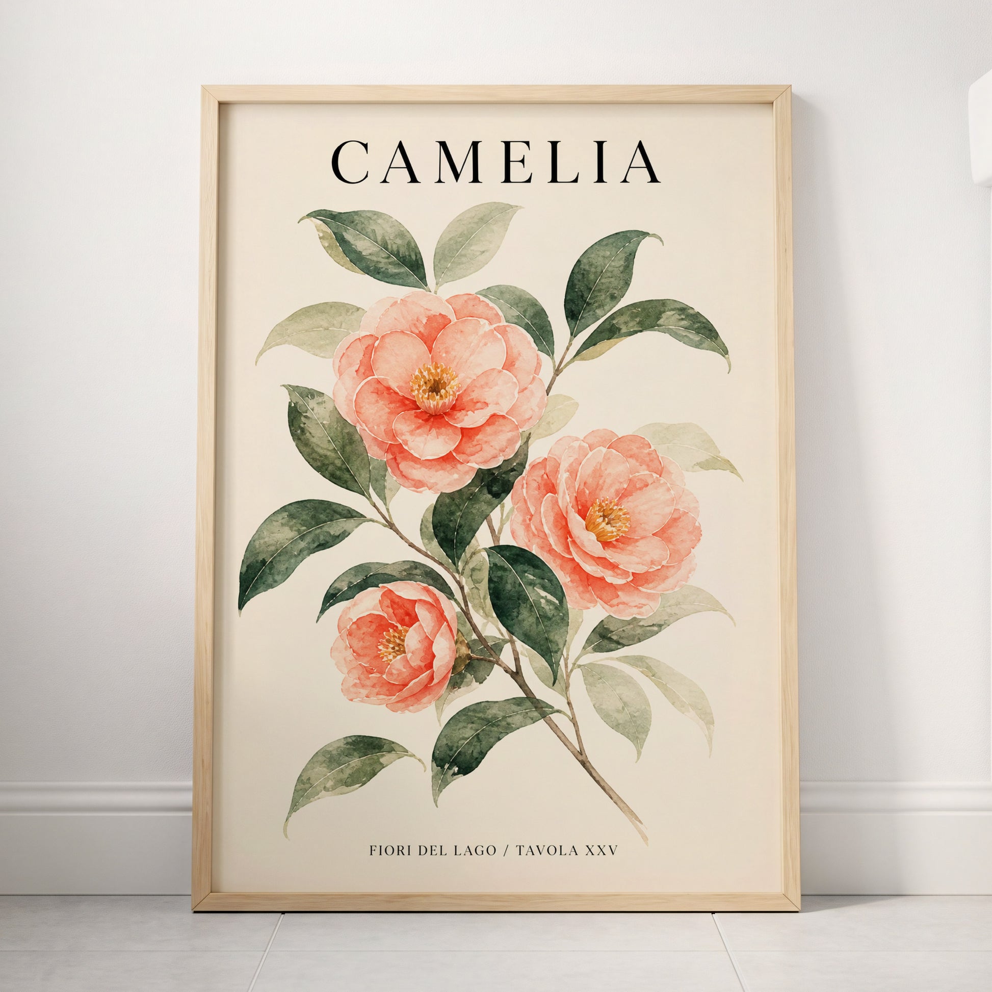 Lake Camellia Study, pink, green, beige floral wall art displayed in a styled interior, gallery view 3