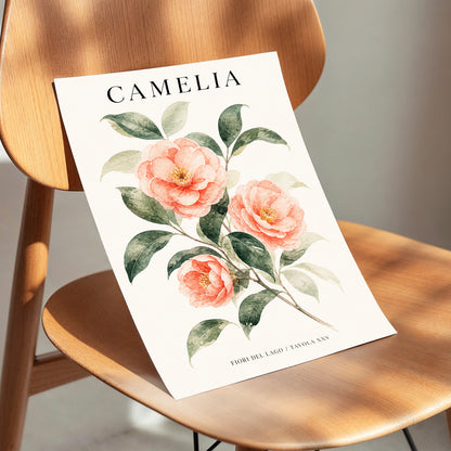 Lake Camellia Study, pink, green, beige floral wall art displayed in a styled interior, gallery view 4