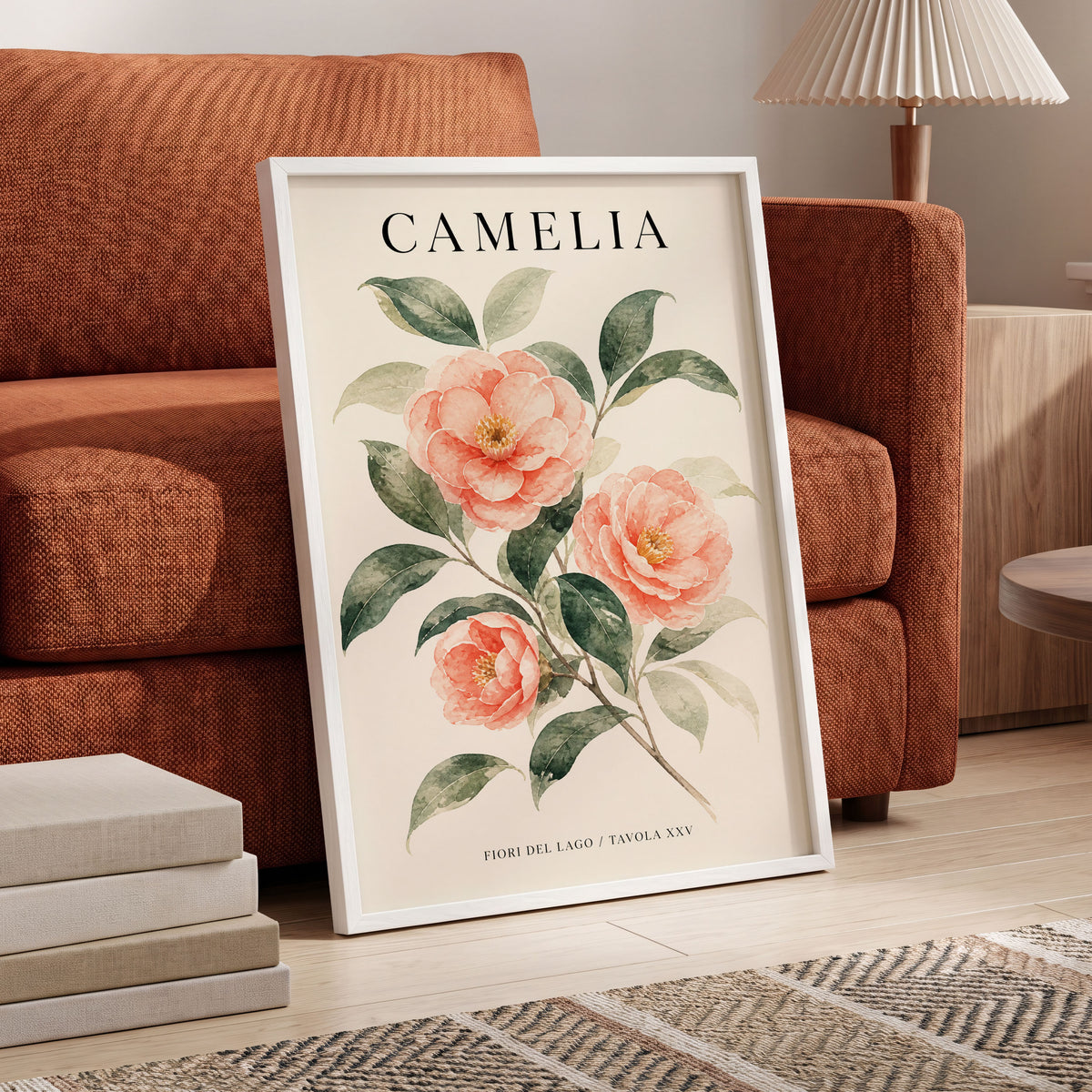 Lake Camellia Study, pink, green, beige floral wall art displayed in a styled interior, gallery view 5