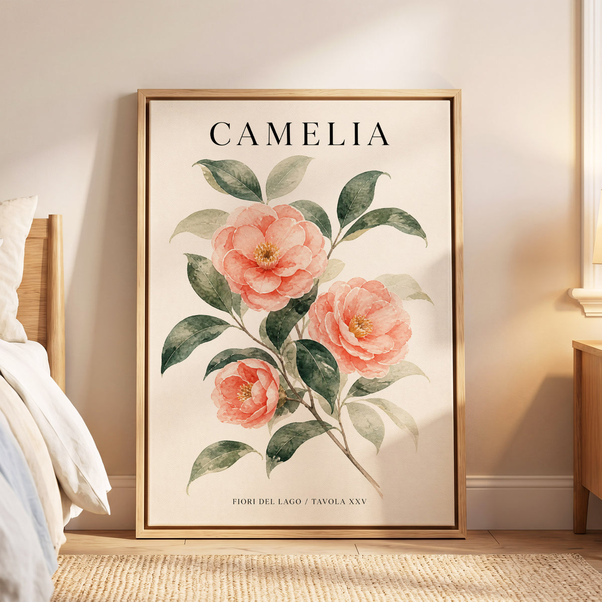 Lake Camellia Study, pink, green, beige floral wall art displayed in a styled interior, gallery view 6