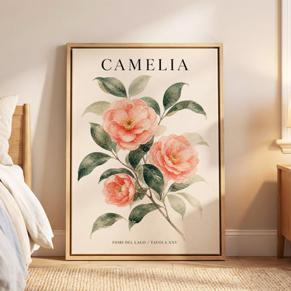 Lake Camellia Study, pink, green, beige floral wall art displayed in a styled interior, gallery view 6