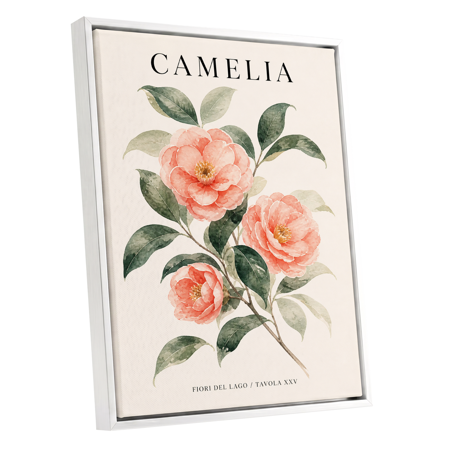 Lake Camellia Study, pink, green, beige floral wall art shown as a white framed canvas wall art