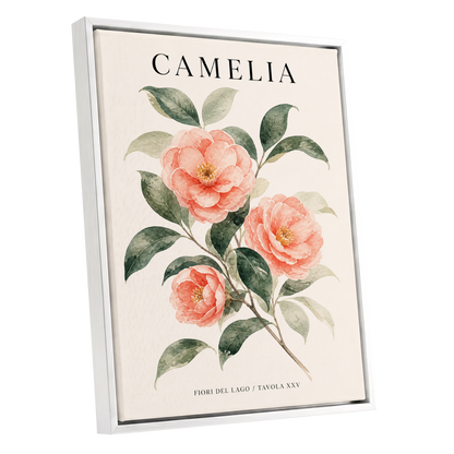 Lake Camellia Study, pink, green, beige floral wall art shown as a white framed canvas wall art