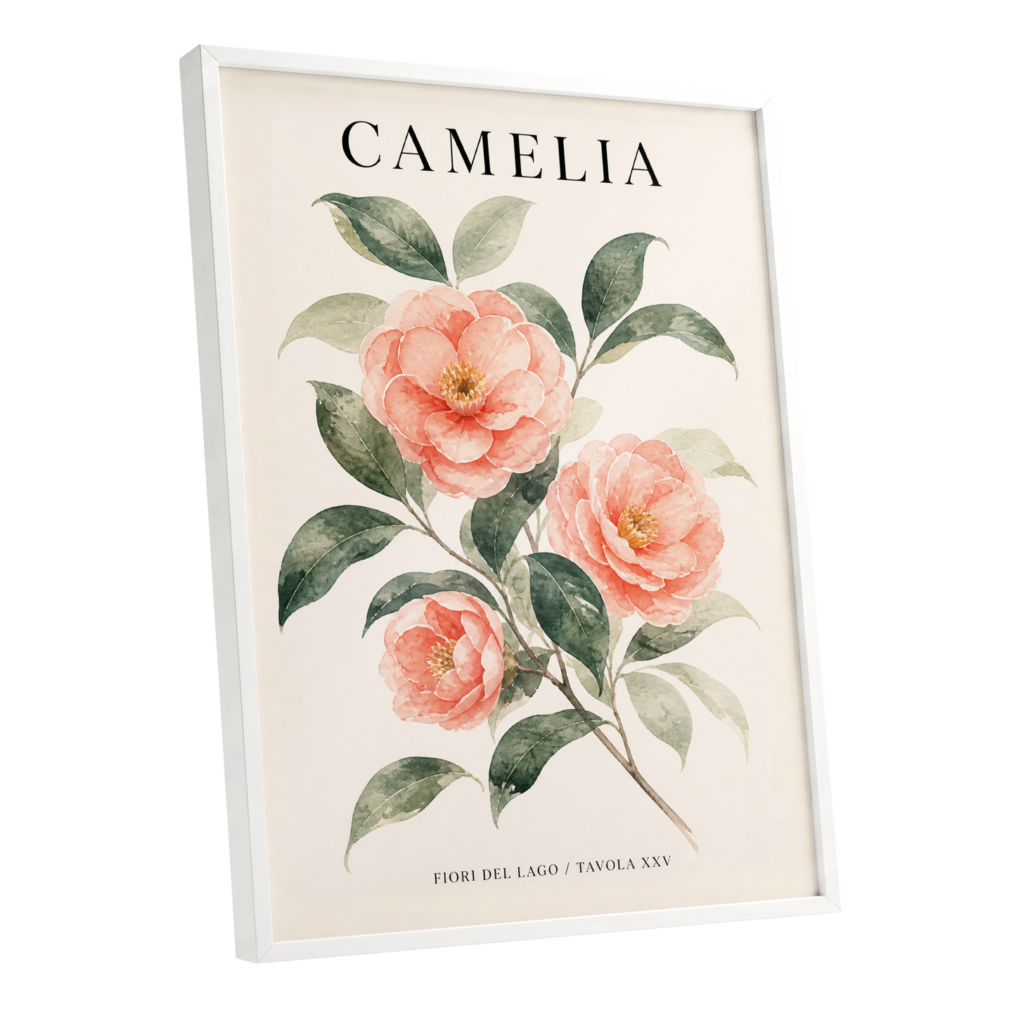 Lake Camellia Study, pink, green, beige floral wall art shown as a white framed poster wall art print
