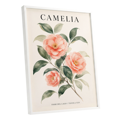Lake Camellia Study, pink, green, beige floral wall art shown as a white framed poster wall art print