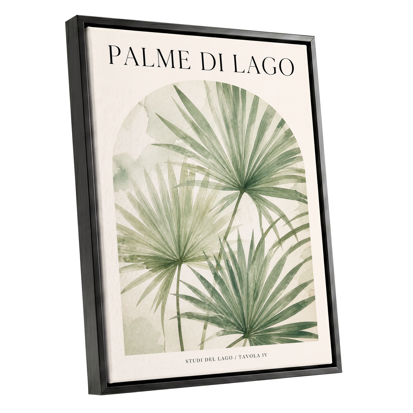 Lake Palm Studies, green, beige, black nature wall art shown as a black framed canvas wall art
