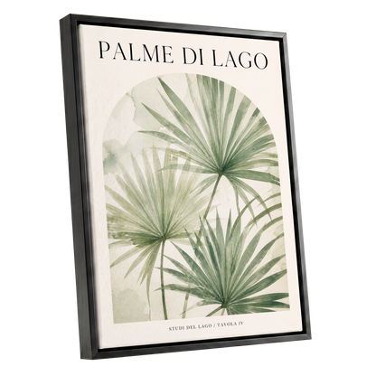 Lake Palm Studies, green, beige, black nature wall art shown as a black framed canvas wall art
