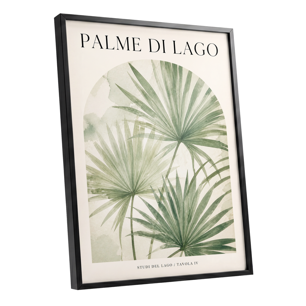 Lake Palm Studies, green, beige, black nature wall art shown as a black framed poster wall art print