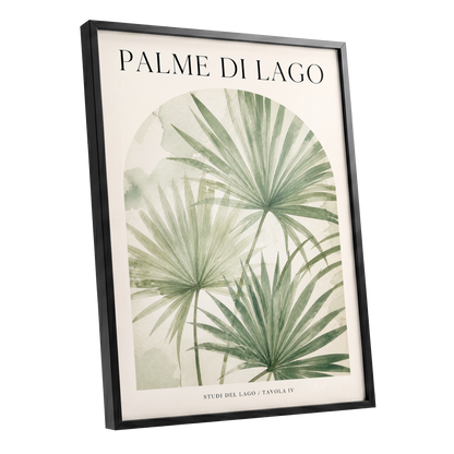 Lake Palm Studies, green, beige, black nature wall art shown as a black framed poster wall art print