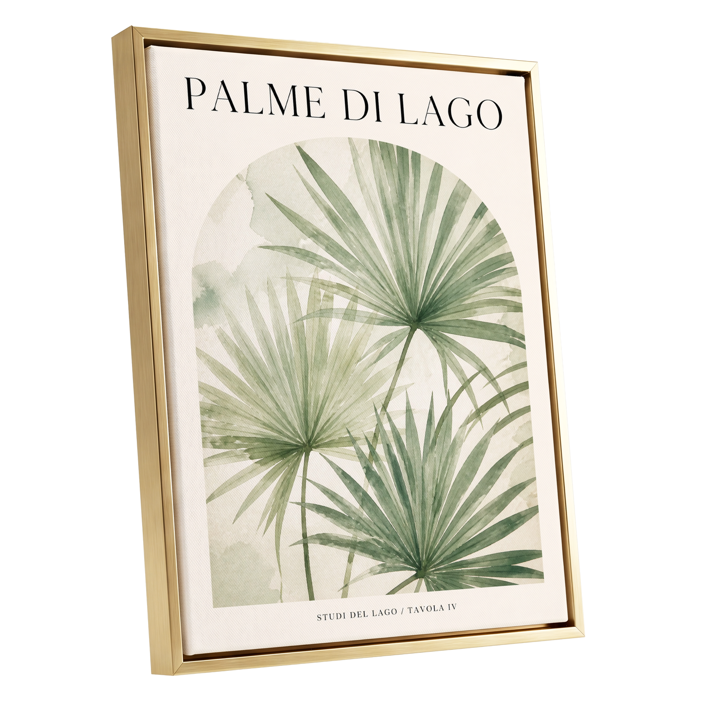 Lake Palm Studies, green, beige, black nature wall art shown as a gold framed canvas wall art