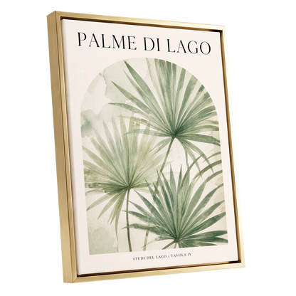 Lake Palm Studies, green, beige, black nature wall art shown as a gold framed canvas wall art