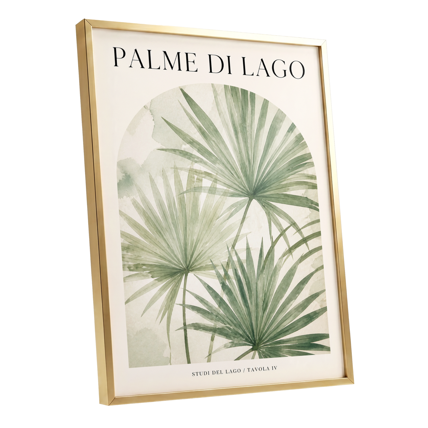 Lake Palm Studies, green, beige, black nature wall art shown as a gold framed poster wall art print