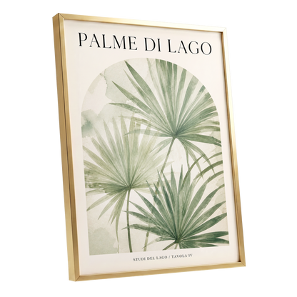 Lake Palm Studies, green, beige, black nature wall art shown as a gold framed poster wall art print