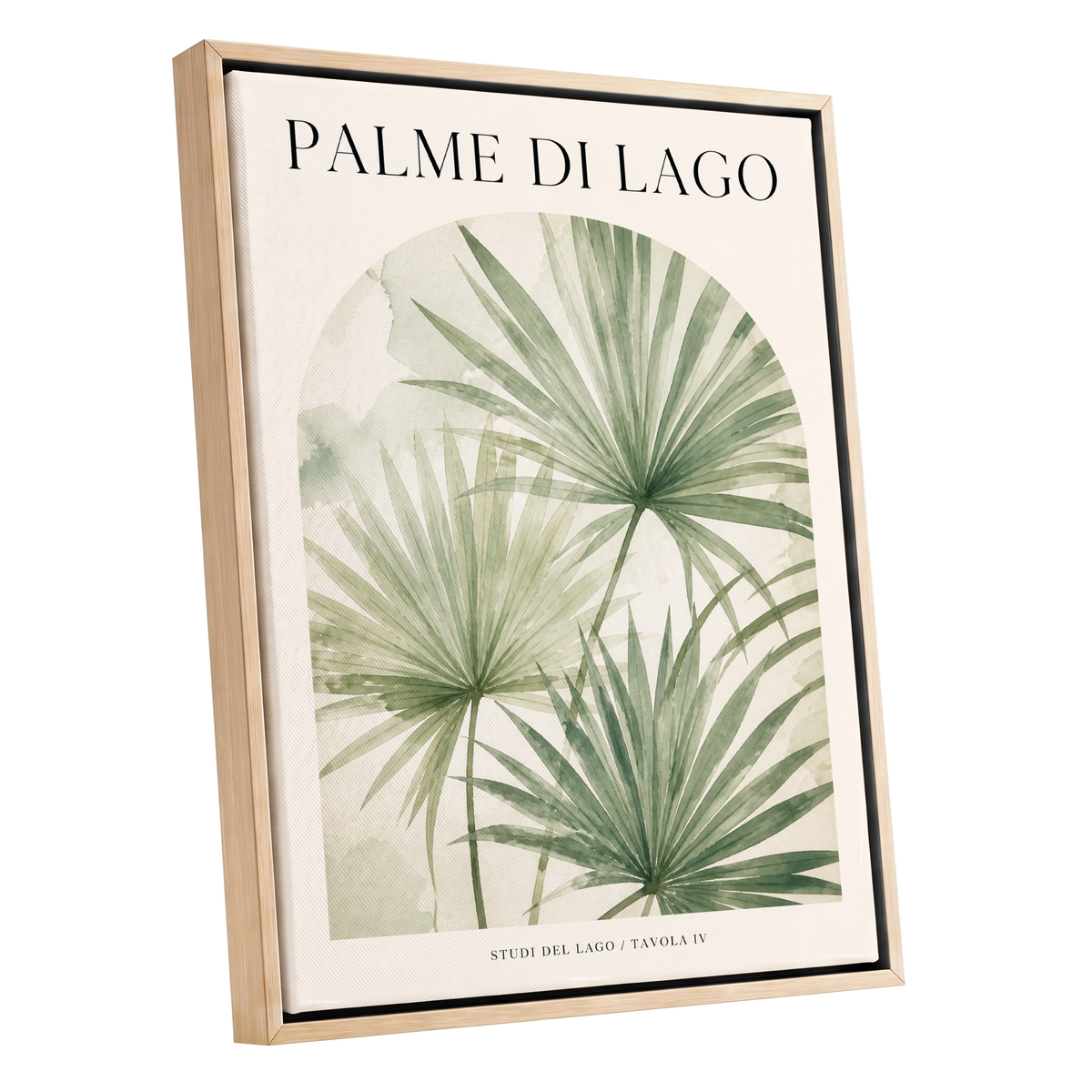 Lake Palm Studies, green, beige, black nature wall art shown as a oak framed canvas wall art