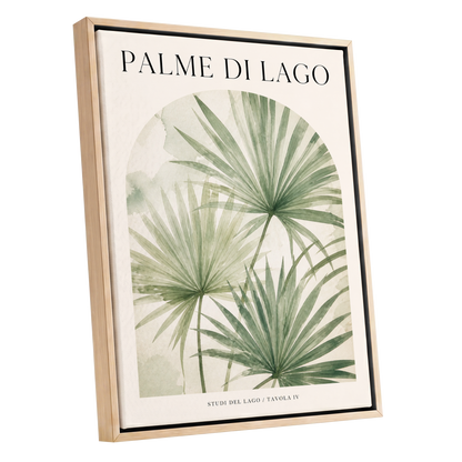 Lake Palm Studies, green, beige, black nature wall art shown as a oak framed canvas wall art