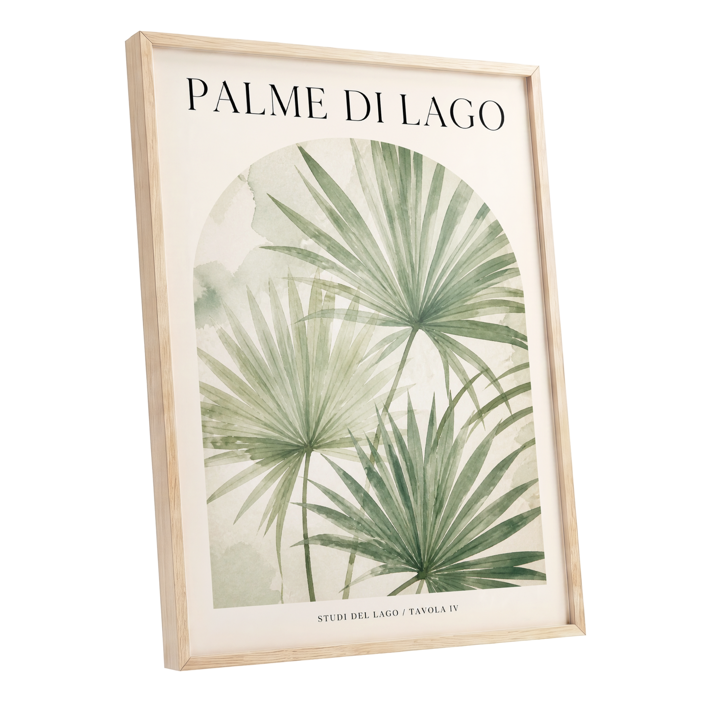 Lake Palm Studies, green, beige, black nature wall art shown as a oak framed poster wall art print